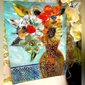 Collage Painting cut paper and paint Art Mixed Media Acrylic on Canvas 12x16